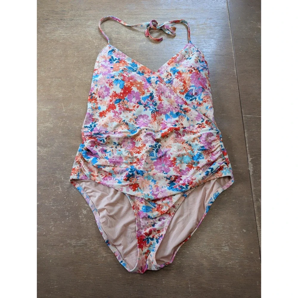 J. Crew Womens Floral Ruched Wrap Halter One Piece Swimsuit Multicolor medium M